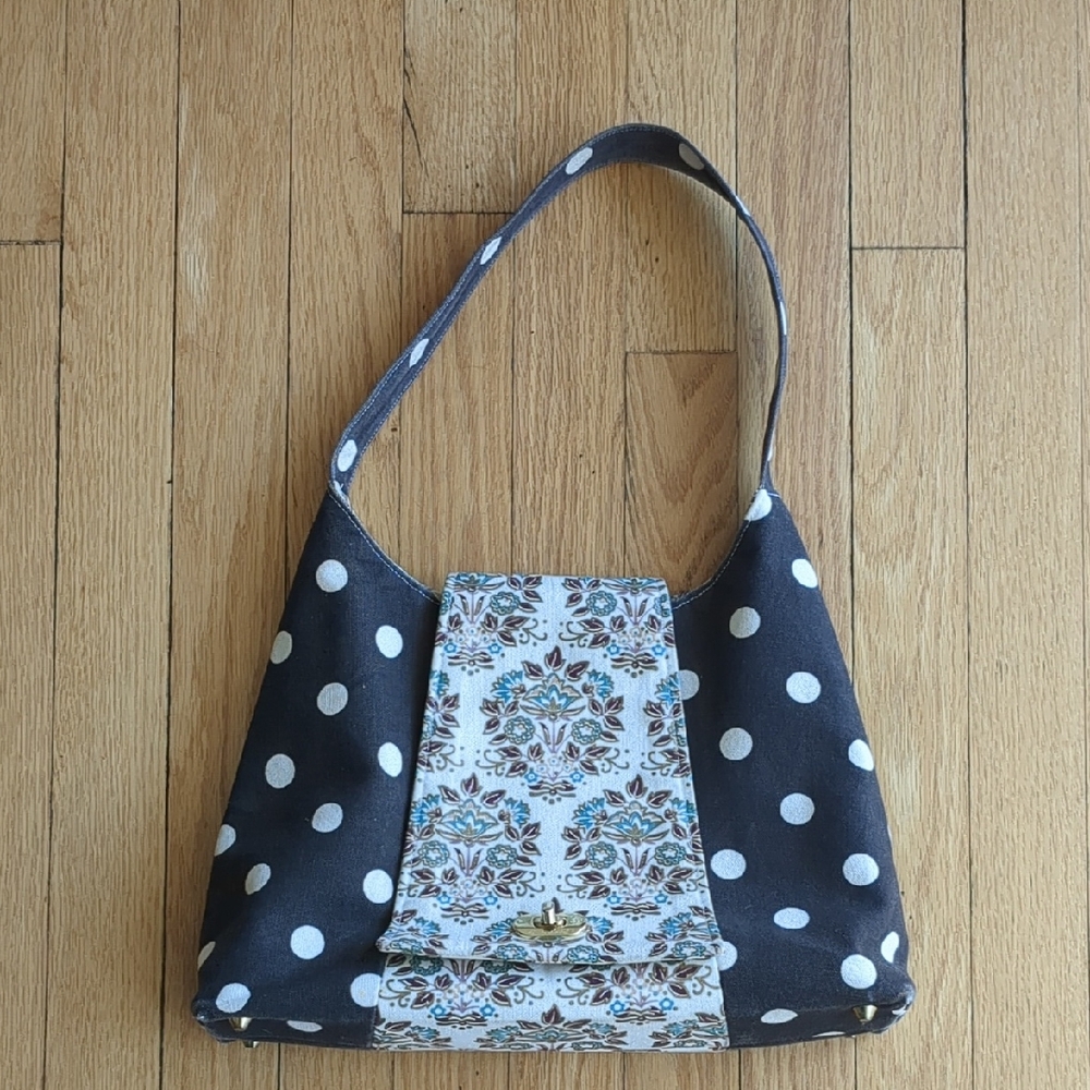 Handmade Brown Polka Dot Shoulder Bag with Floral Accent